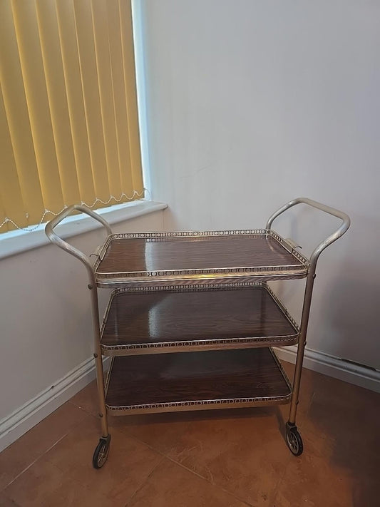 Vintage Retro 3 Tier Gold Cocktail Drinks Tea Hostess Trolley Gin Cart - MCM