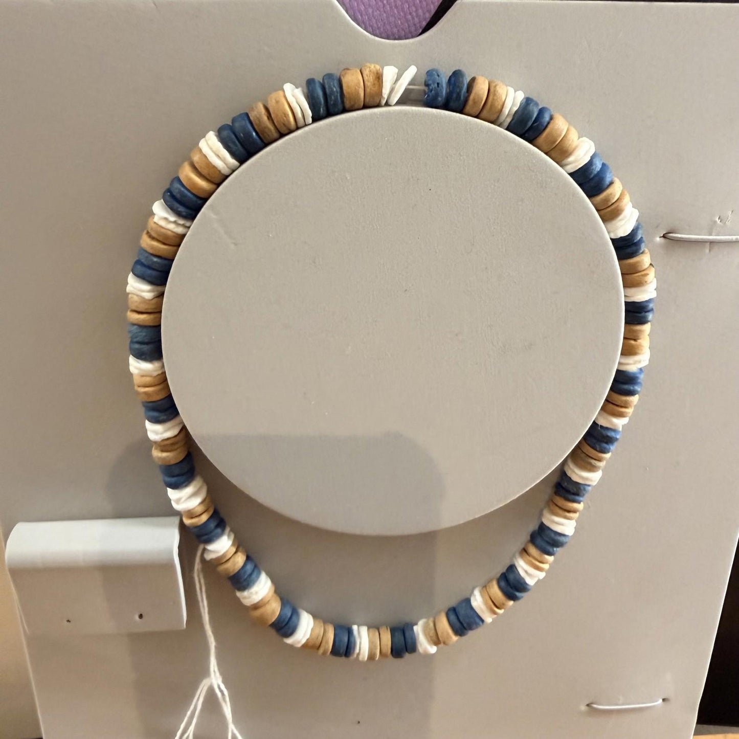 Vintage wooden beads necklace blue and beige natural handmade 18''