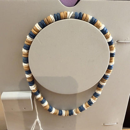 Vintage wooden beads necklace blue and beige natural handmade 18''