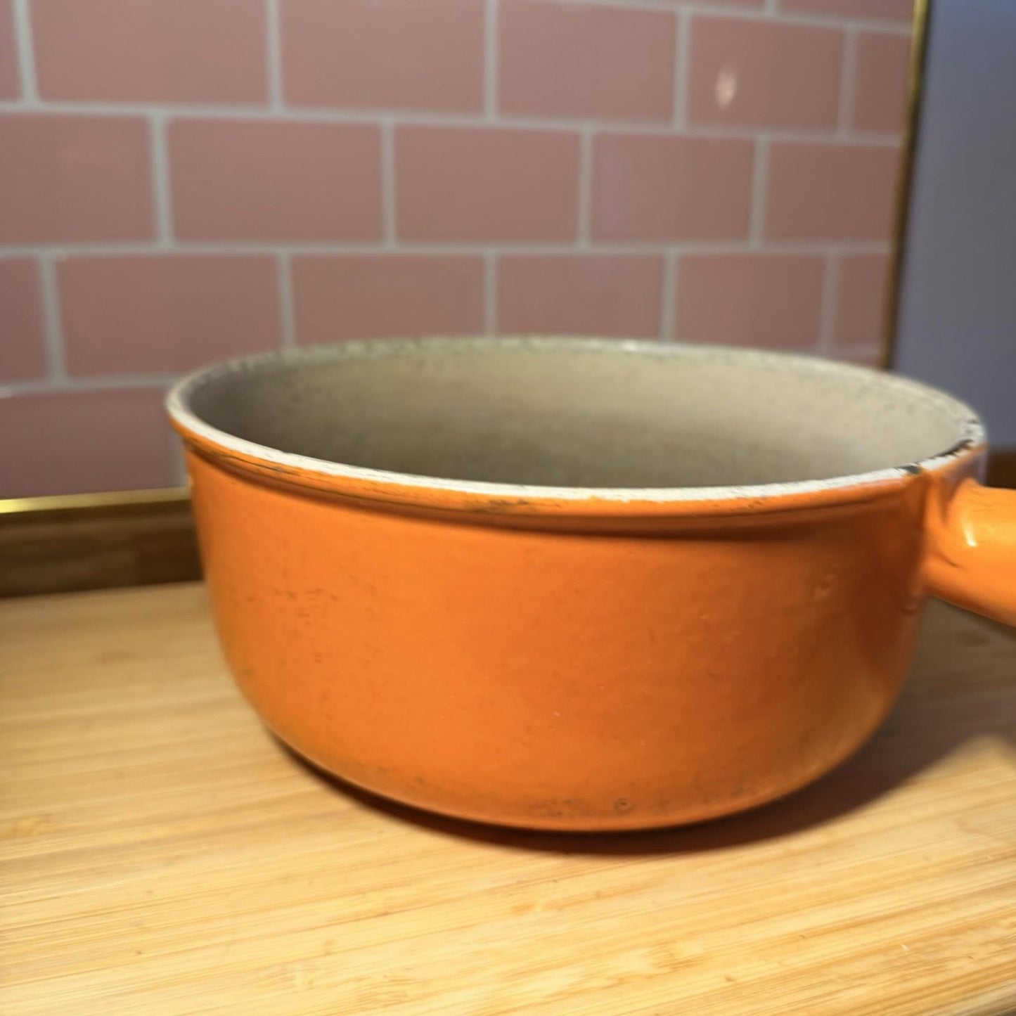 Cast Iron Enamel Antique Saucepan Vintage Kitchenalia Country Kitchen orange