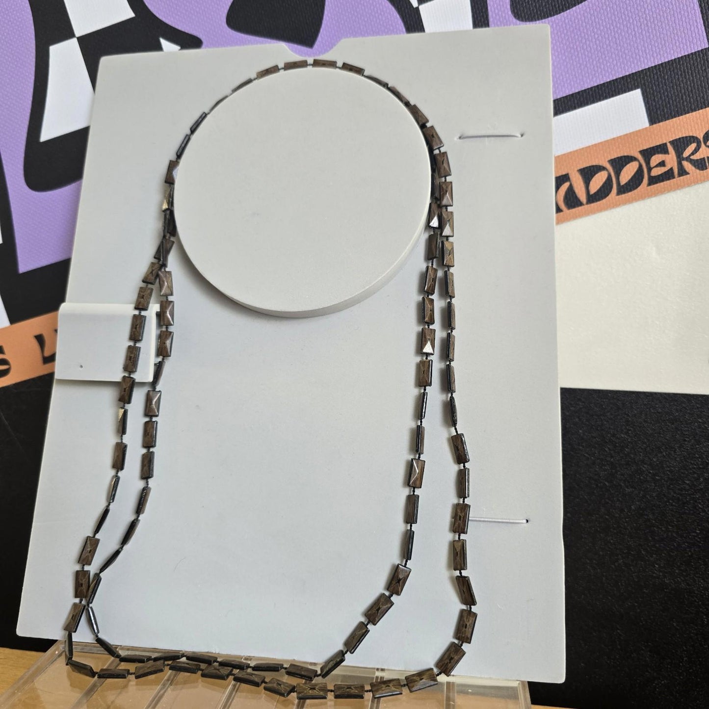 Unusual Vintage Wood Effect Long Necklace MCM 1960s Retro Statement Jewellery