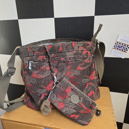 Kipling Bag with Monkey Charm Complete Set and Purse  Brown  and Coral Pattern