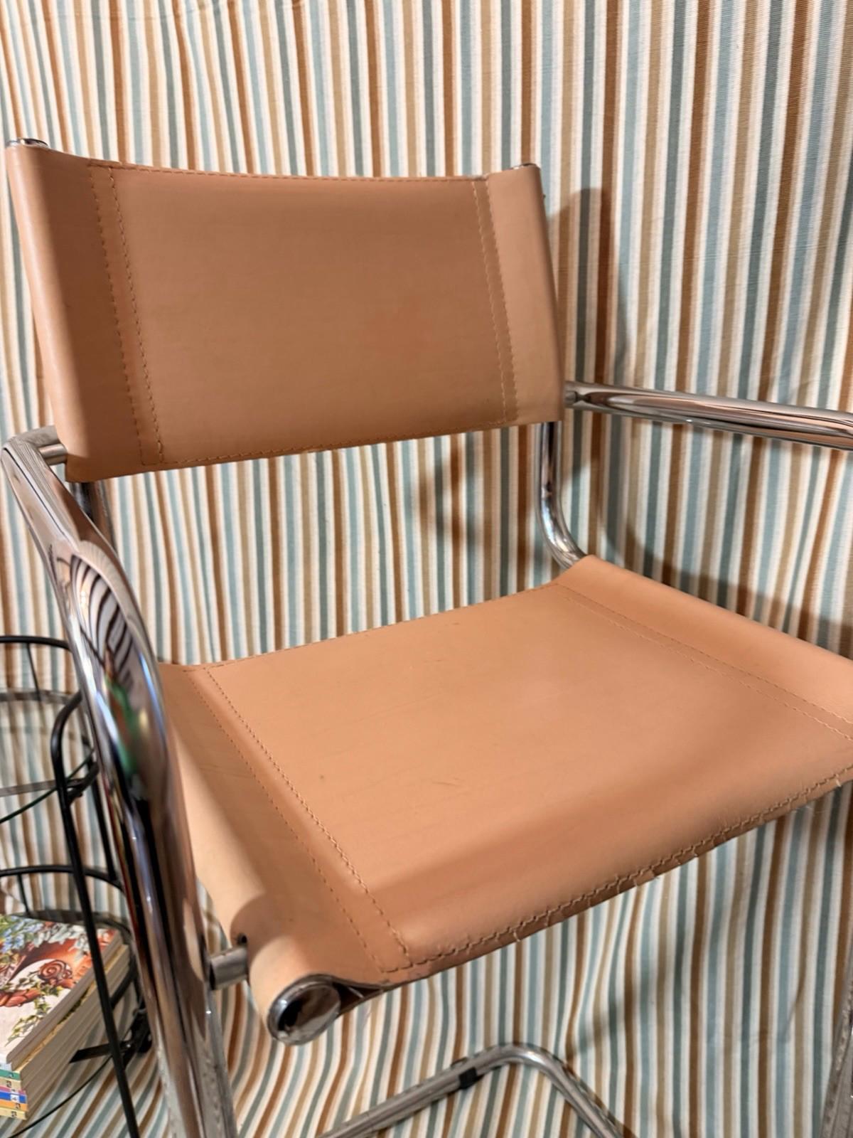 Vintage Tubular Chrome Leather Bar Stool Mart Stam Bauhaus Style, Italian MCM