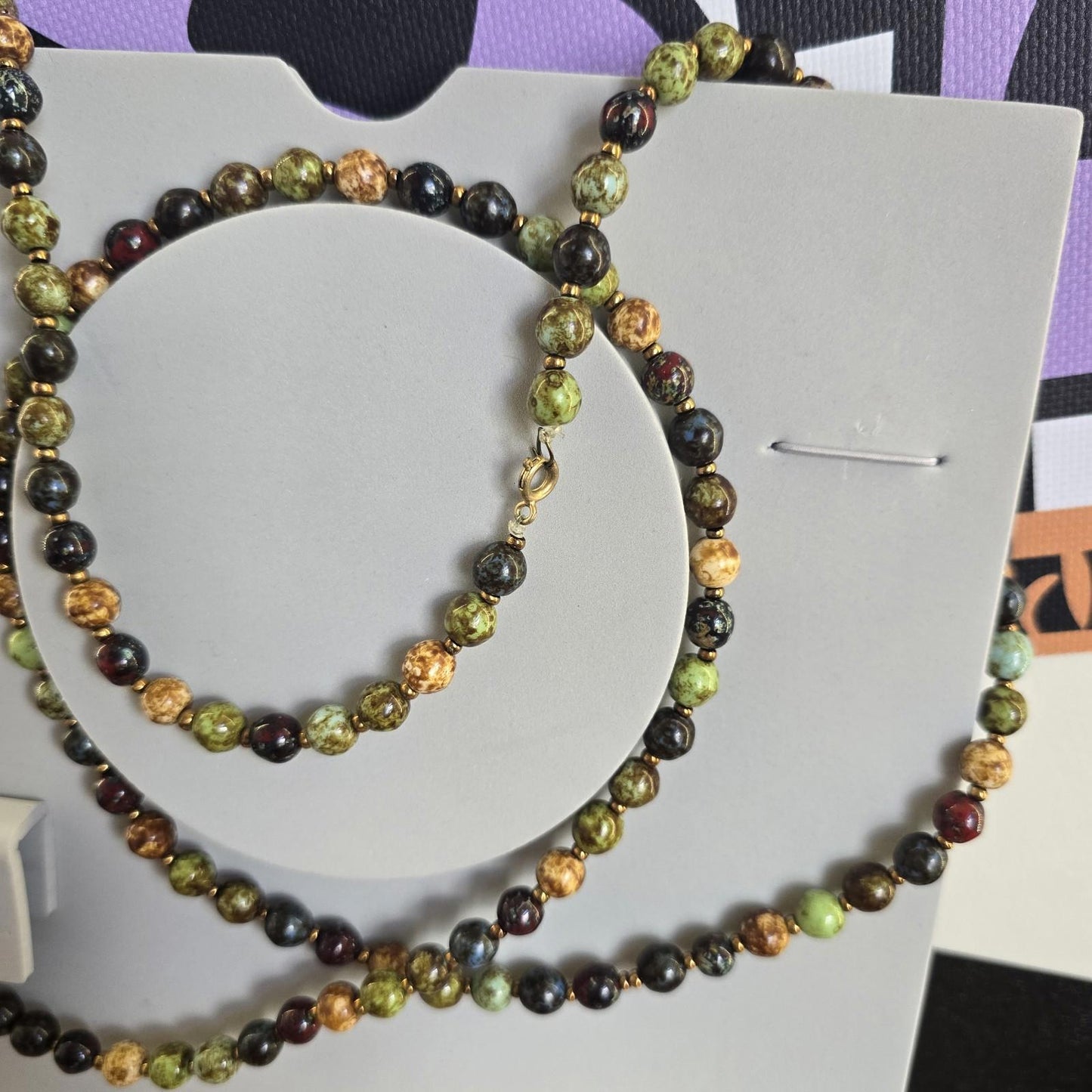 Vintage Brown and Green Beaded Stone Extra Long Necklace Costume Jewellery