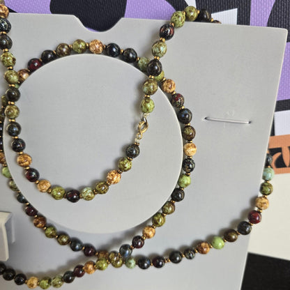 Vintage Brown and Green Beaded Stone Extra Long Necklace Costume Jewellery