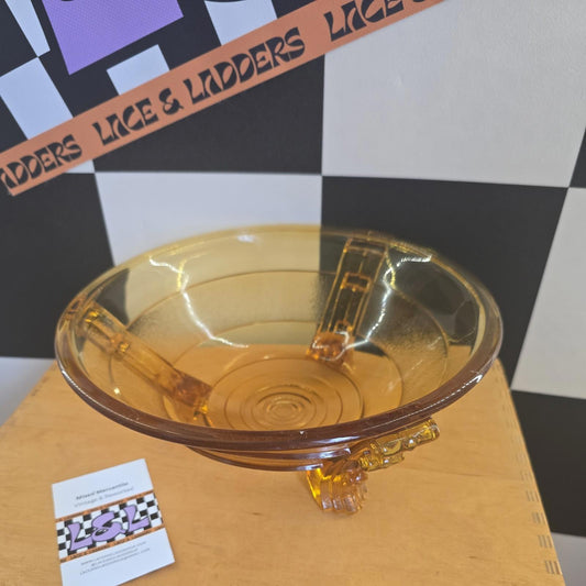 Antique Vintage Art Deco Amber Glass Bowl 3 Legs