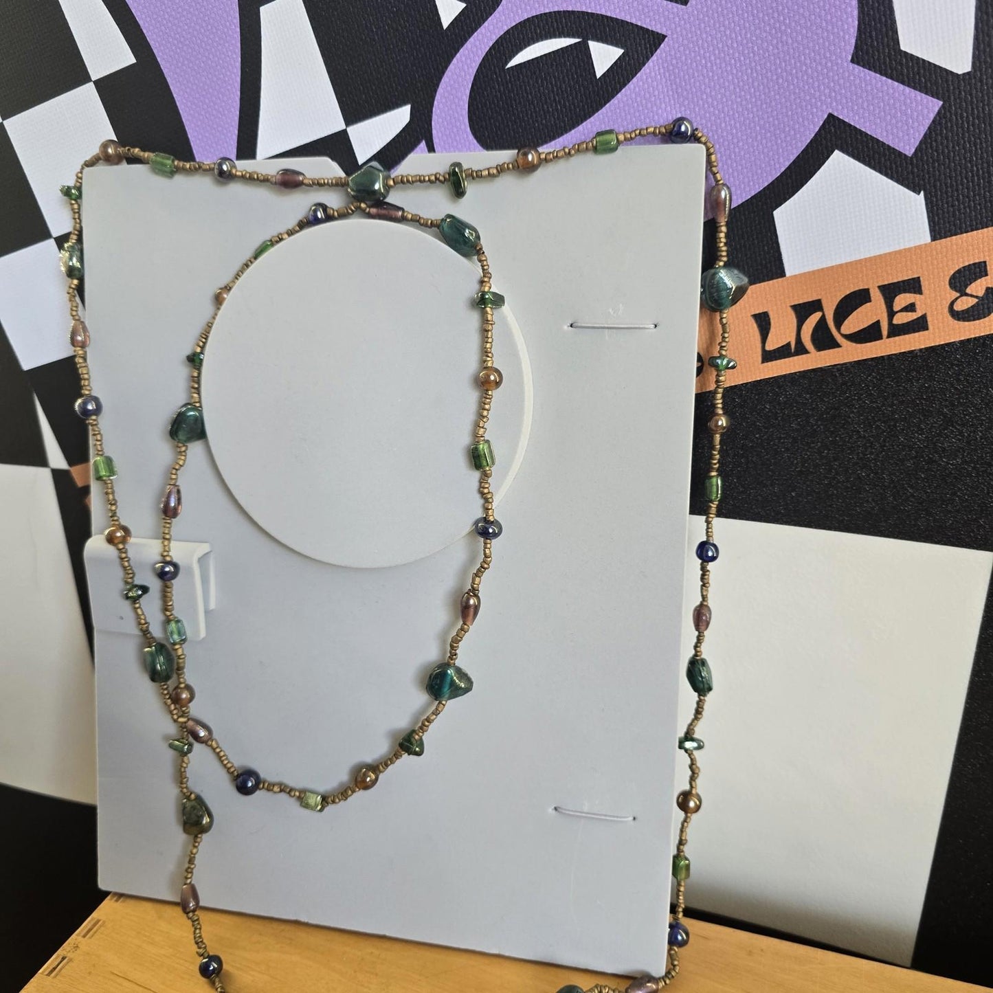 Vintage Costume Long Beaded Green and Brown Necklace Jewellery