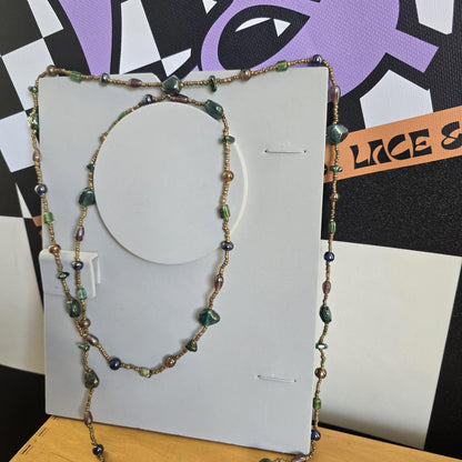 Vintage Costume Long Beaded Green and Brown Necklace Jewellery