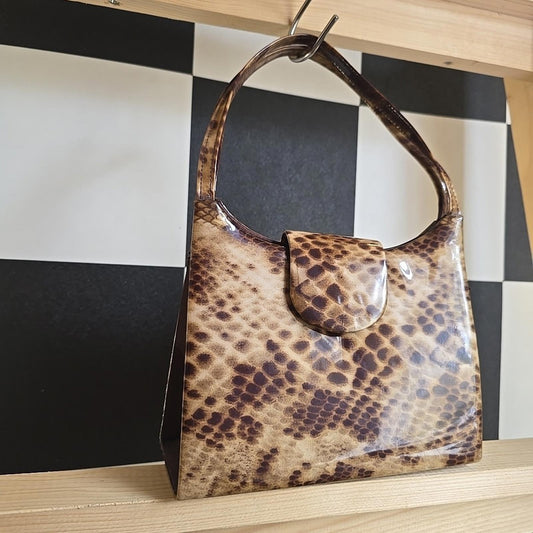 Vintage Snakeskin Effect Glossy Handbag with Shoulder Strap