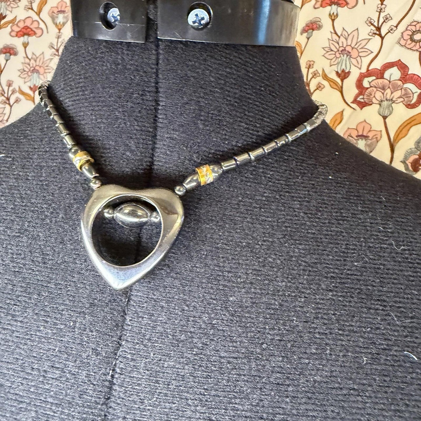 vintage Haematite Heart Pendant Necklace With Orange Gemstone y2k