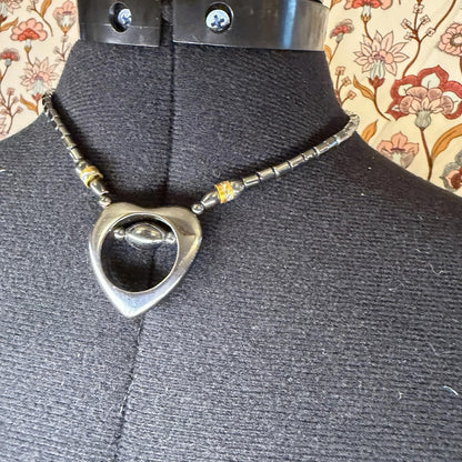 vintage Haematite Heart Pendant Necklace With Orange Gemstone y2k