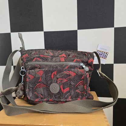 Kipling Bag with Monkey Charm Complete Set and Purse  Brown  and Coral Pattern