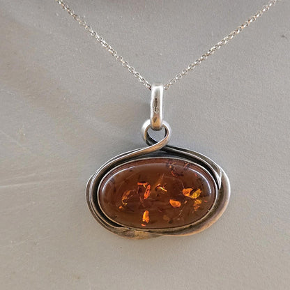 Cognac / Brown BALTIC AMBER Oval Pendant 925 STERLING SILVER Vintage Large