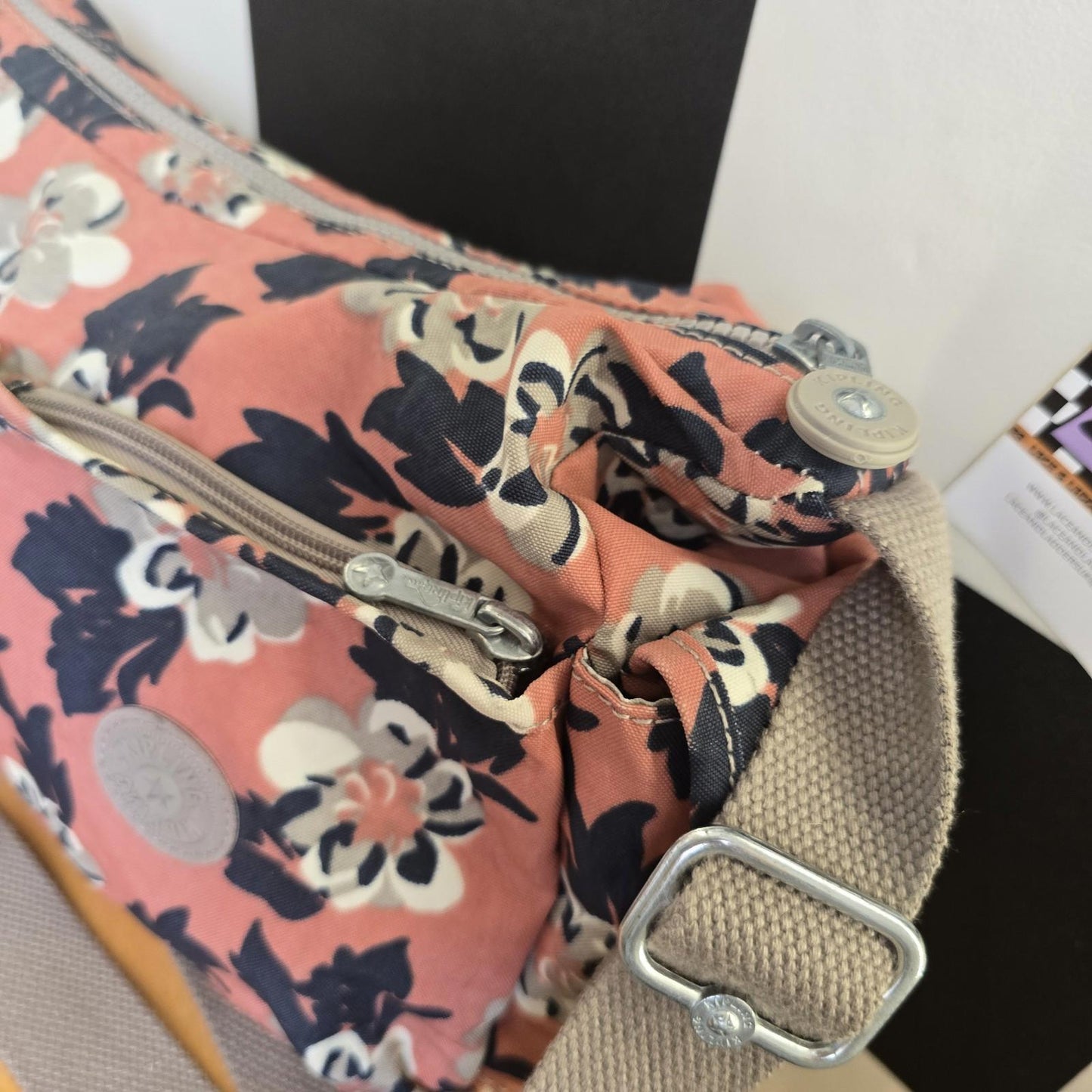 Kipling Cross Body Bag Peach Black Flowers Large With Monkey extra pockets