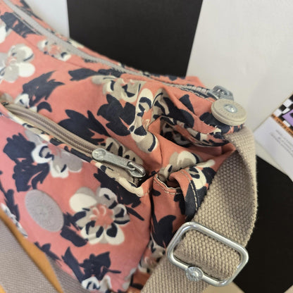 Kipling Cross Body Bag Peach Black Flowers Large With Monkey extra pockets