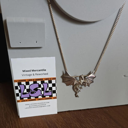 Dragon Necklace 925 Silver Vintage Pendant Gothic Fantasy Legend Flying