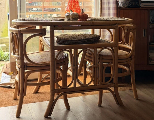 Vintage Bamboo Rattan Bistro Set Table & Chairs