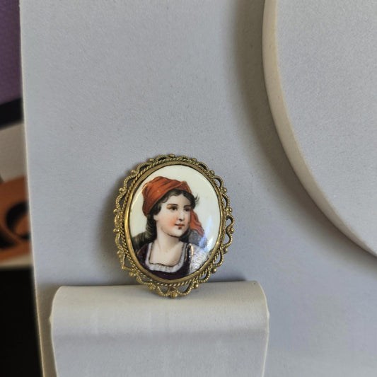 Vintage Brooche Lady Bright Colours Gold Tone