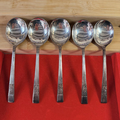 5Silver Plated Soup Spoons Incredibly Detailed Pattern Antique Cutlery Vintage