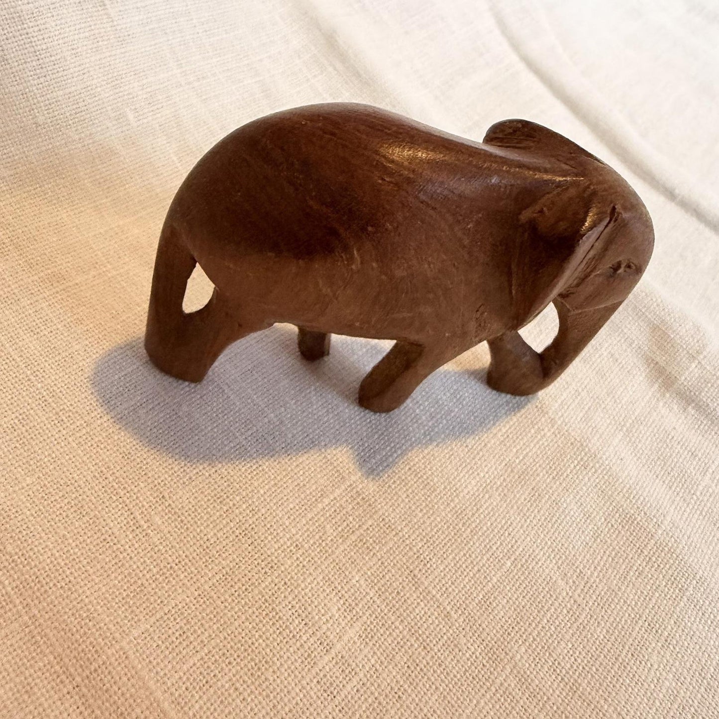 Vintage Hand Carved Wooden Elephant with Trunk mcm ornament