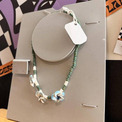 Pula Shell Turquoise Necklace with Blue Flowers Vintage 80s