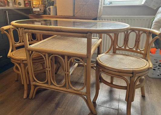 Vintage Bamboo Rattan Bistro Set Table & Chairs