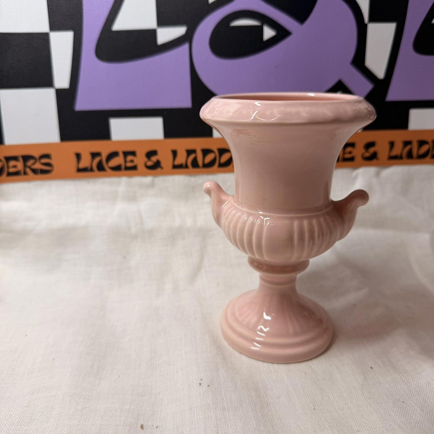 Vintage Dartmouth Potteries pink  Classical Ribbed Handled Rose Bowl Urn Vase