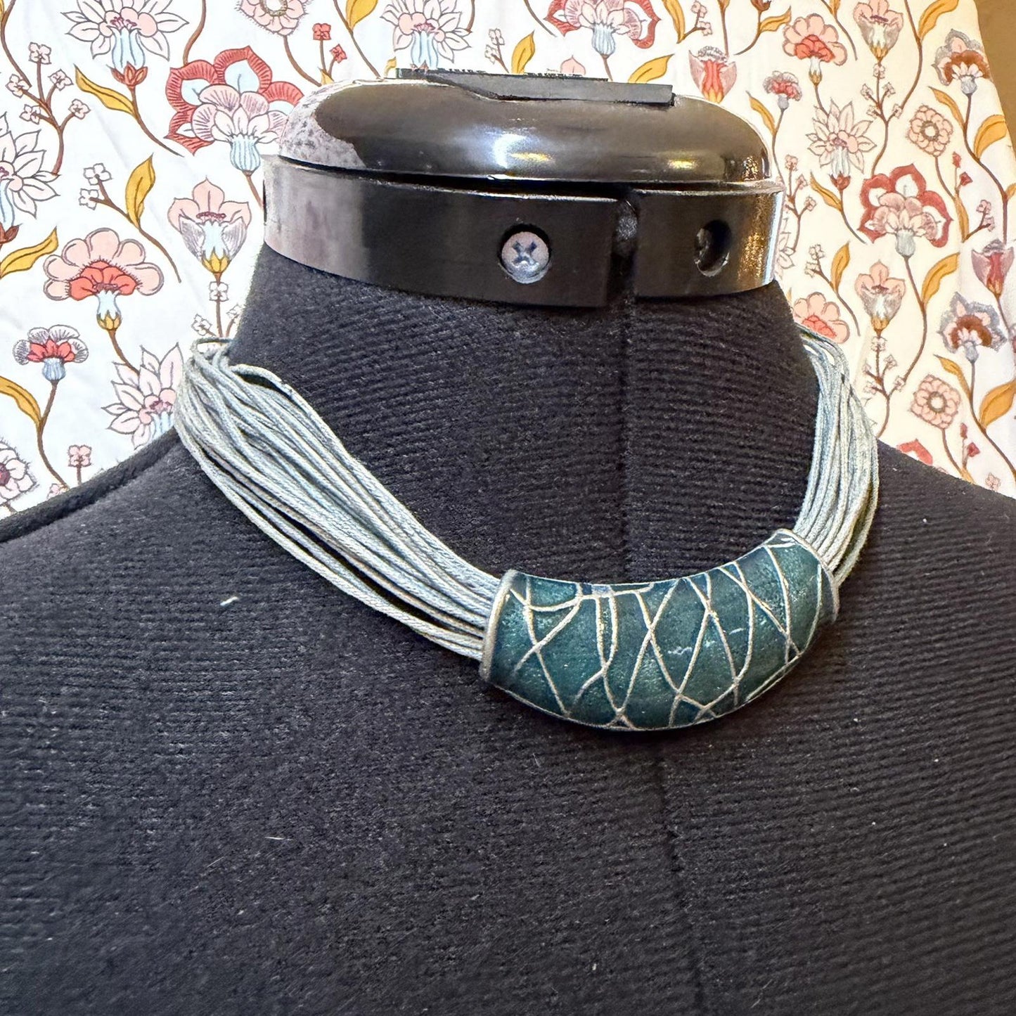 pendant necklace on rope chain string 90s y2k style large blue statement