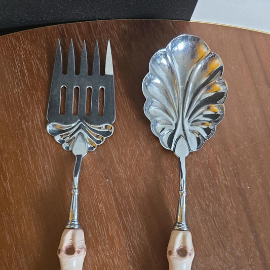 Retro Kitsch Serving Set Of  Fork & Spoon 1960s With Faux Bamboo Style Handles