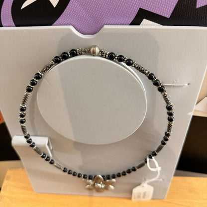 Vintage Black and Silver Tone Necklace with Large Flower Pendant Statement Piece