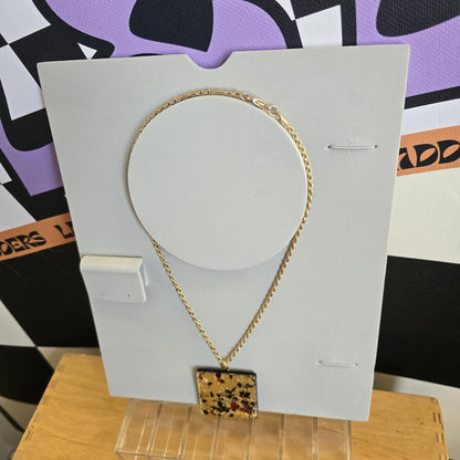 Vintage Statement Large Pendant Square Fused Glass Necklace On Gold Chain