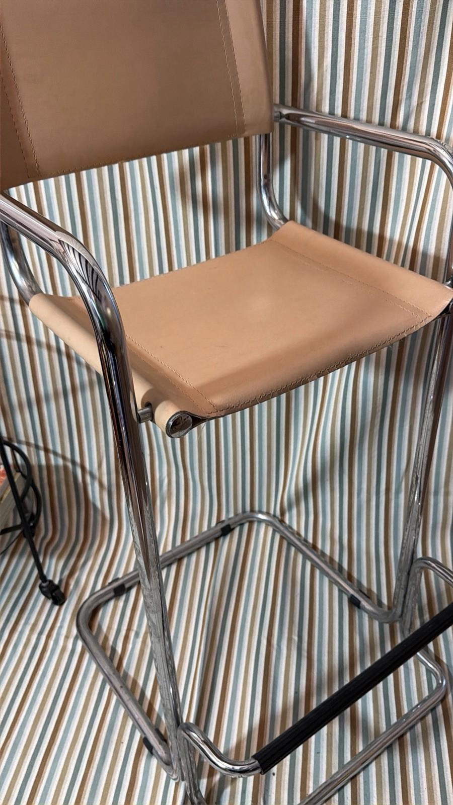 Vintage Tubular Chrome Leather Bar Stool Mart Stam Bauhaus Style, Italian MCM