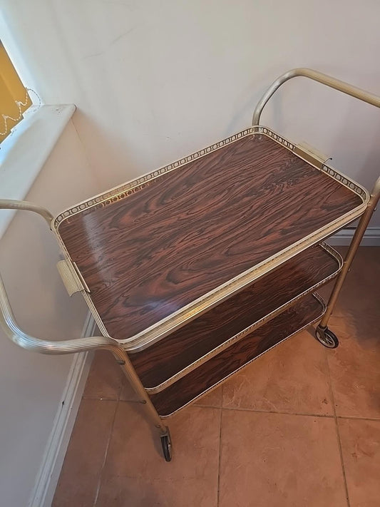 Vintage Retro 3 Tier Gold Cocktail Drinks Tea Hostess Trolley Gin Cart - MCM