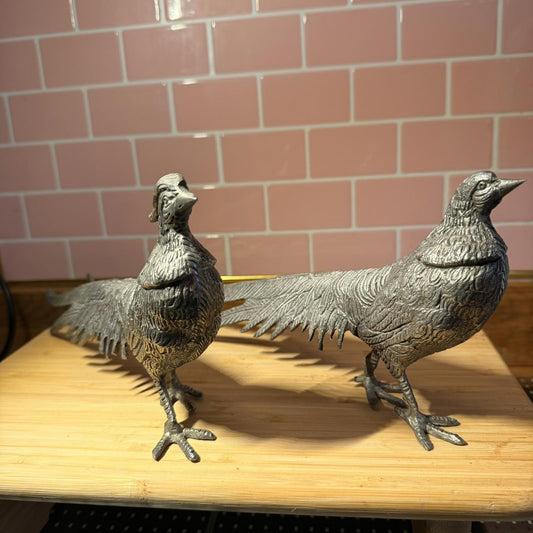 Vintage Alpaca Silver plated Italy Pair of Pheasants 13.3" & 12.5" Art Figurine