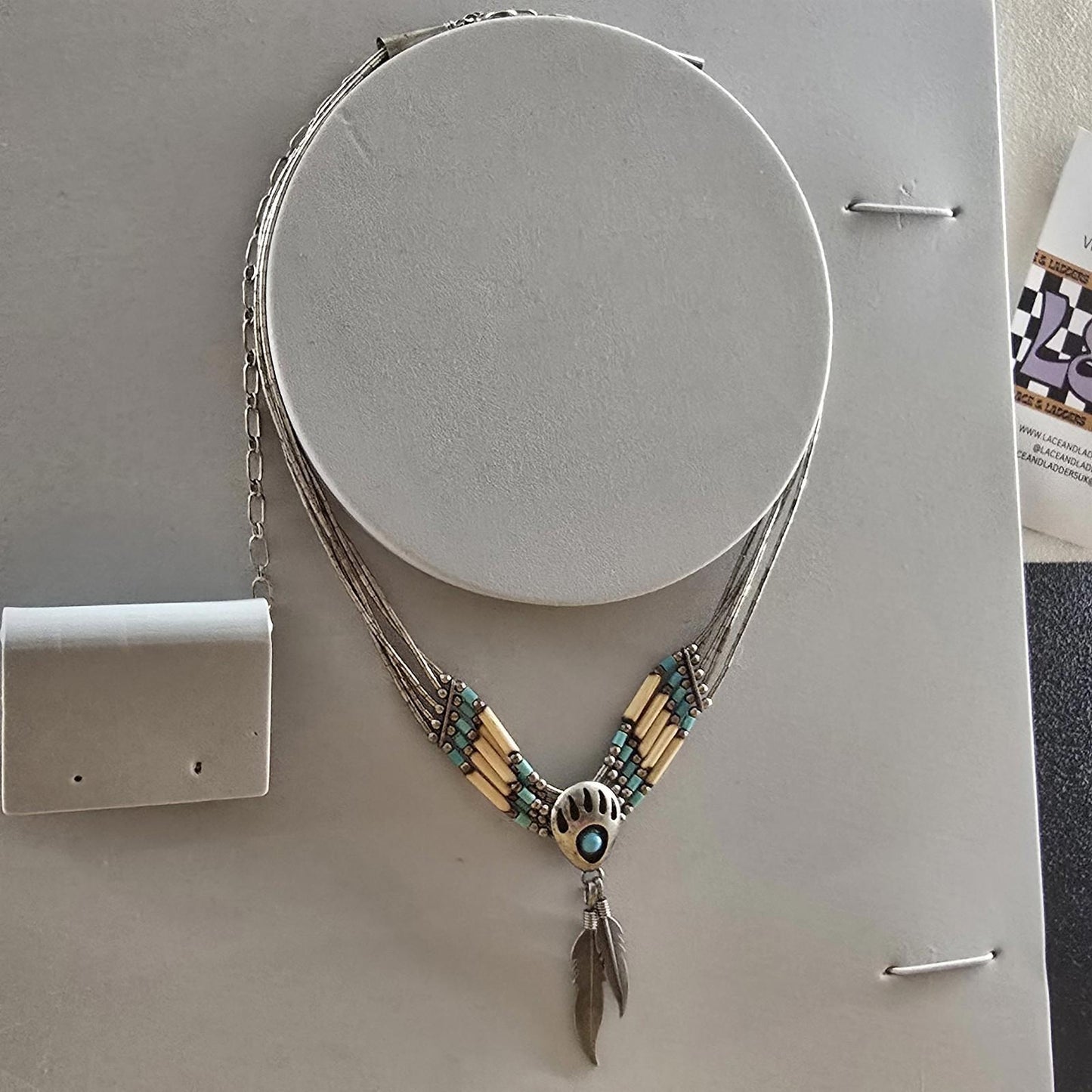 Vintage Carolyn Pollack Southwestern Liquid Silver Stone Claw Feather Necklace