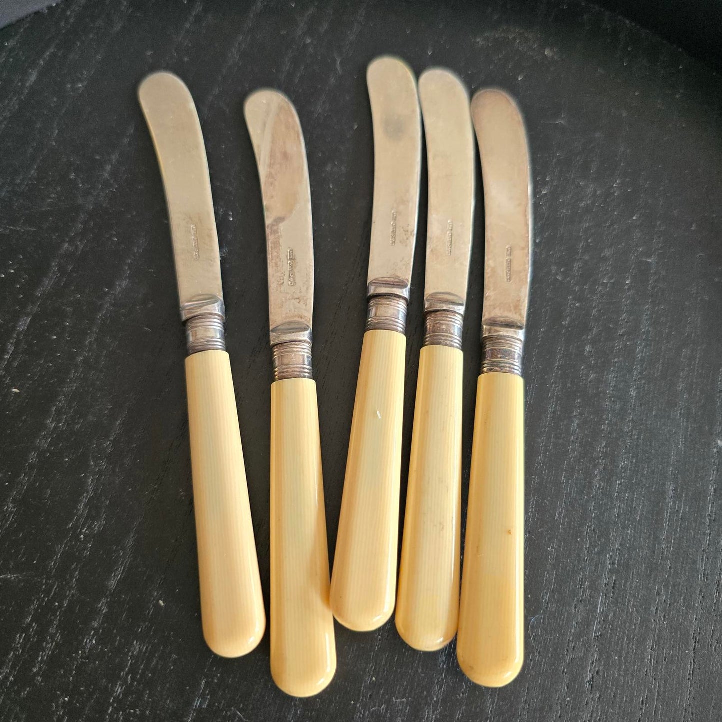 Set of 5 Vintage Butter Knives with Yellow Handles SILVER PLATED EPNS