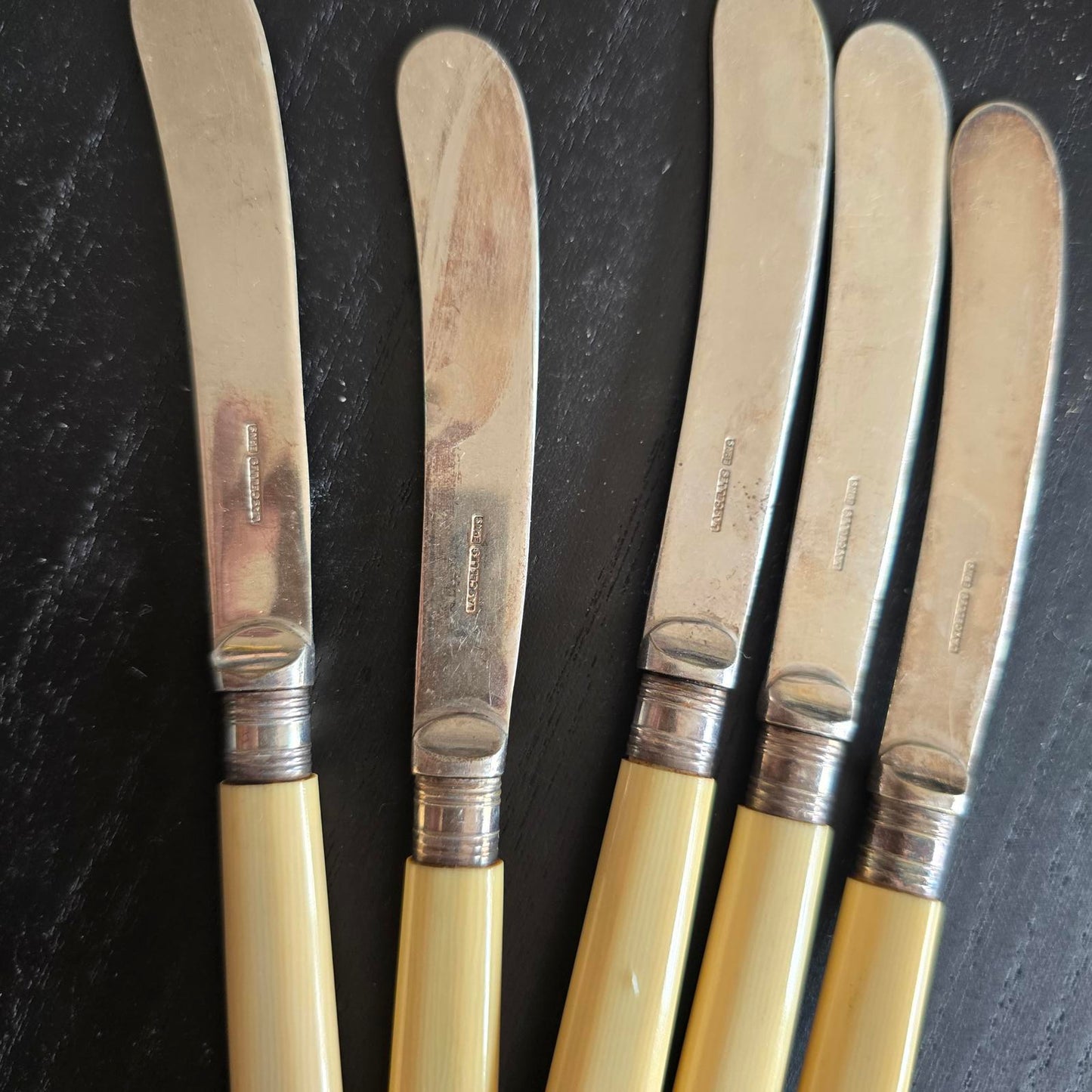 Set of 5 Vintage Butter Knives with Yellow Handles SILVER PLATED EPNS