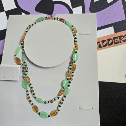 Vintage Mint Green and Amber Beaded Long Necklace Costume Jewellery Retro