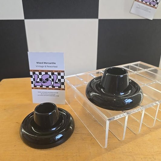 Vintage MCM Black Ceramic Candle Holder X2