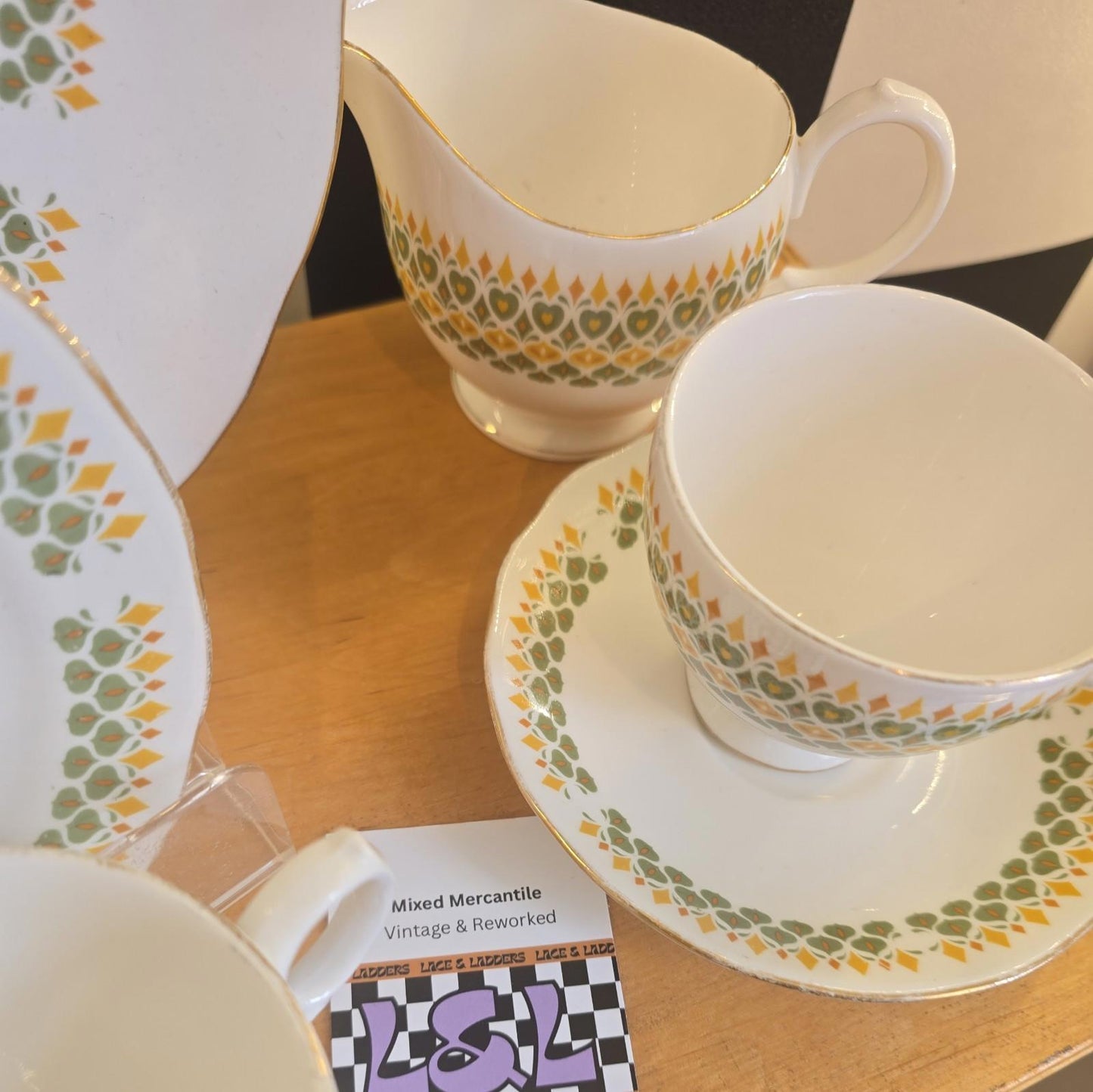 Vintage Bone China Cup, Saucer, Extras Green & Orange Heart Design Royal Kent