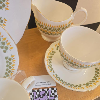 Vintage Bone China Cup, Saucer, Extras Green & Orange Heart Design Royal Kent