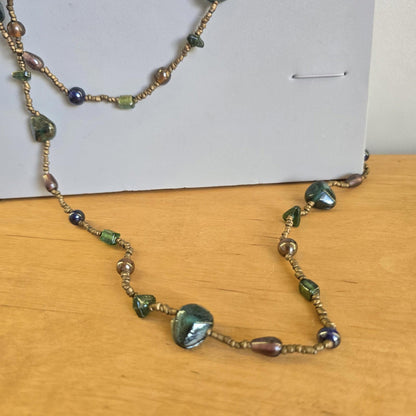 Vintage Costume Long Beaded Green and Brown Necklace Jewellery