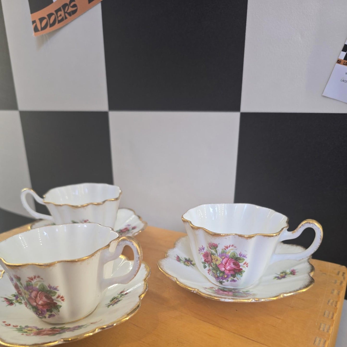 Vintage Antique Fine Bone China Tea Saucer & Set x3 England Brama Roses Gold Rim