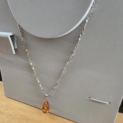 Zoria Baltic Amber-Pendant-Cognac Colour-925 Sterling Silver chain vintage