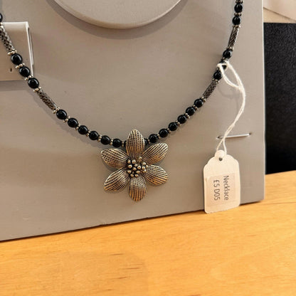 Vintage Black and Silver Tone Necklace with Large Flower Pendant Statement Piece