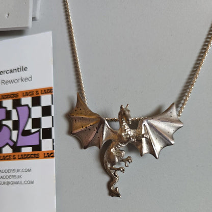 Dragon Necklace 925 Silver Vintage Pendant Gothic Fantasy Legend Flying