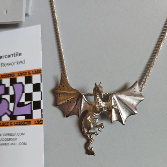 Dragon Necklace 925 Silver Vintage Pendant Gothic Fantasy Legend Flying
