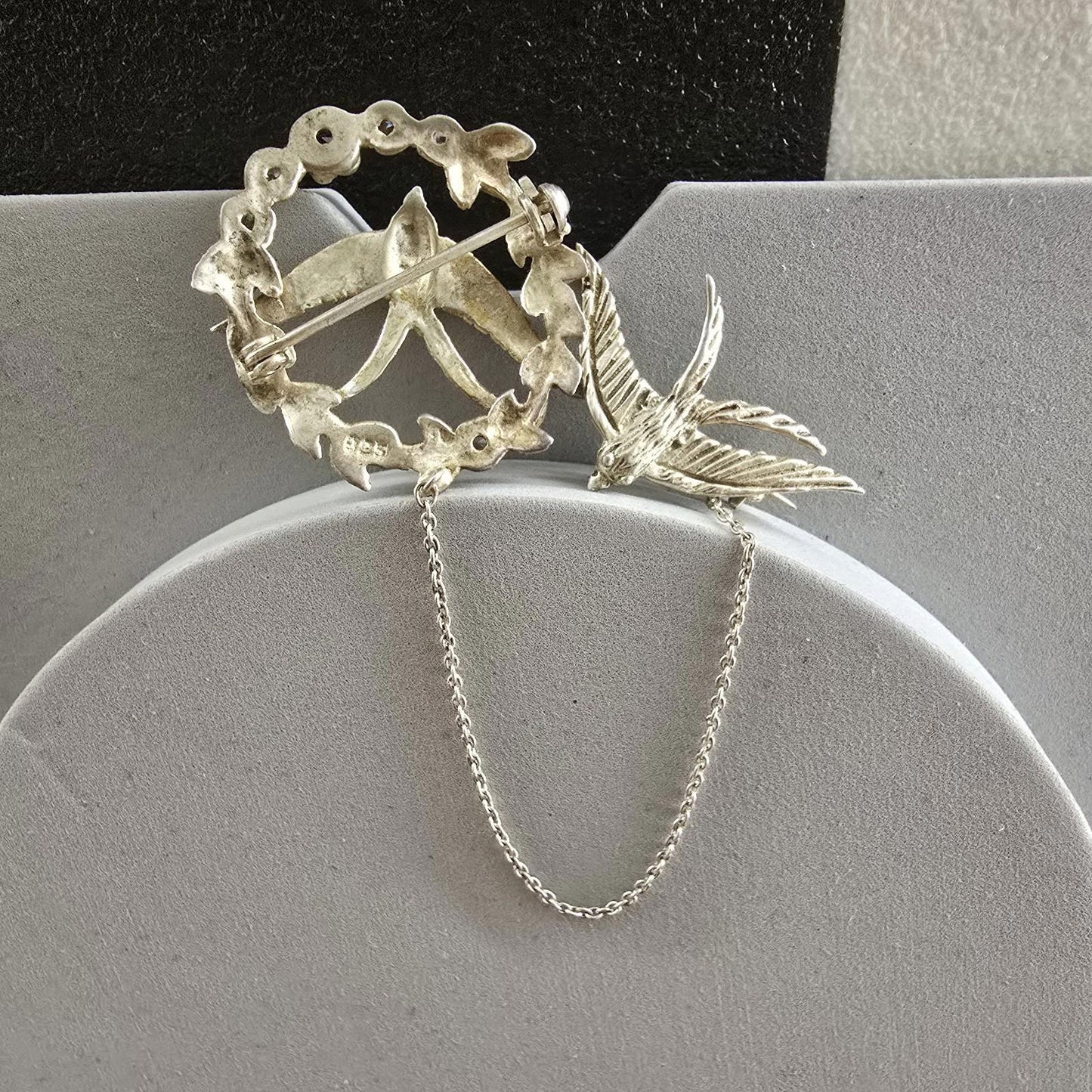 Antique Solid Silver Swallow Bird Brooch With Gemstones Plus Safety Swallow