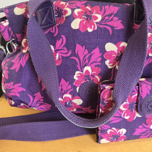 Kipling Medium Handbag In Purple And Pink Multi-print with matching PURSE