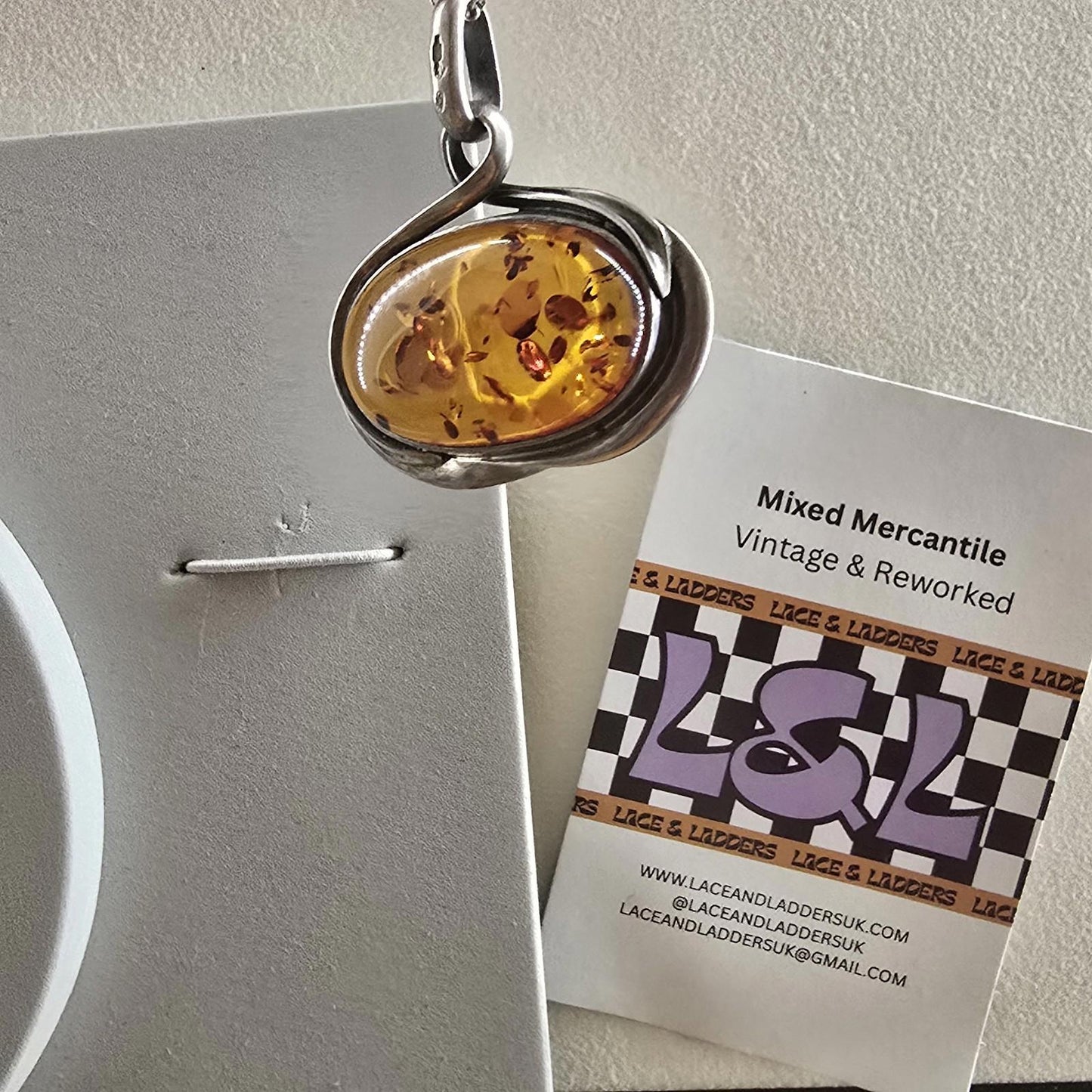 Cognac / Brown BALTIC AMBER Oval Pendant 925 STERLING SILVER Vintage Large